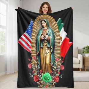 Virgin Mary flannel blanket with USA and Mexico flag floral print soft warm lightweight perfect for home decor church gatherings holiday celebrations prayer room and gifting to loved ones