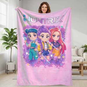 Huntrix Girl Squad Flannel Blanket Colorful Anime Art Print with Star and Sword Elements Soft Cozy Lightweight Throw for Bedroom Sofa Office Nap Birthday Gift Travel and Home Decor