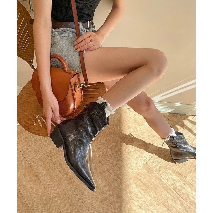 Short boots for women Martin boots soft leather nude boots pointed toe brown thick heel western cowboy boots for women