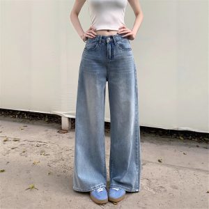 Real shot~Retro wash wide-leg jeans for women with niche design, loose high waist floor trousers
