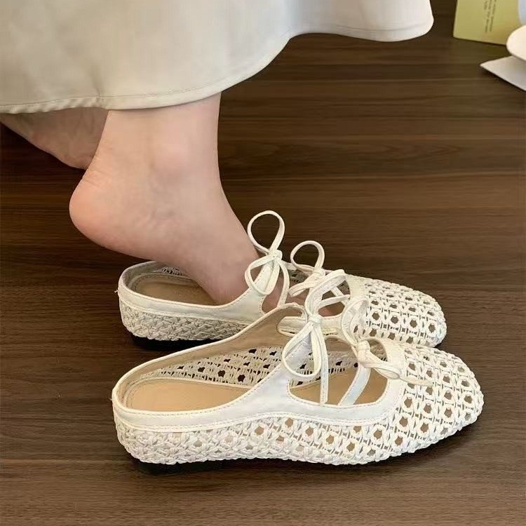 Baotou half-tug empty women's shoes wearing summer beach slippers French bow-tight high-enhancing shoes single shoes