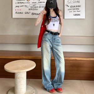 Real shot American retro hot girl loose slim jeans for women with high waist casual versatile wide-leg pants for women