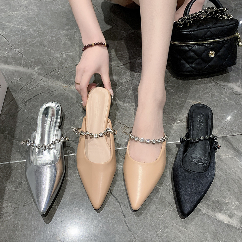 Baotou half slippers for women's pointed toe flat rhinestone chain silver mules outside sandals