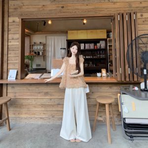 Real shot of sweet heavy industry three-dimensional mesh fluffy hem small flying sleeve top high waist versatile wide-leg pants suit