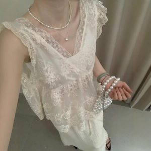 Summer women's French collar sexy lace sling vest loose slim top