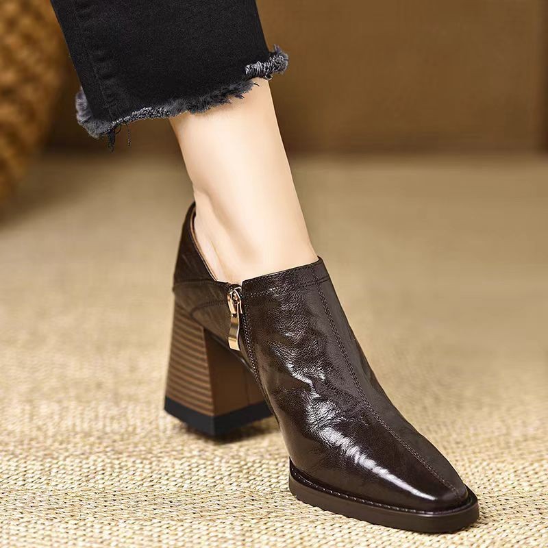 French retro soft leather square-toe high heels for women's spring and autumn brown thick heels deep mouth side zipper single shoes
