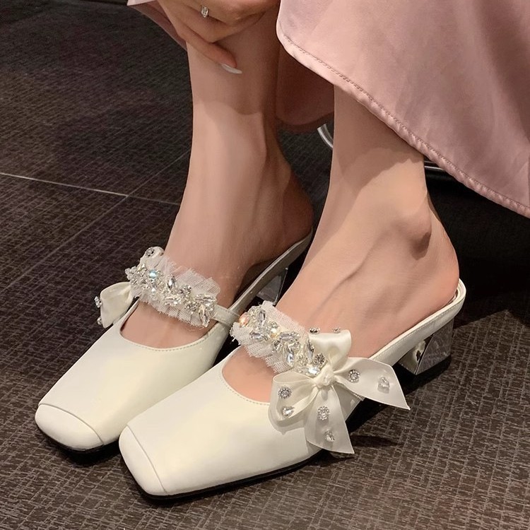 Beautiful rhinestone bow thick heel square-headed mules female fairy style half-wheeled French high-end sandals