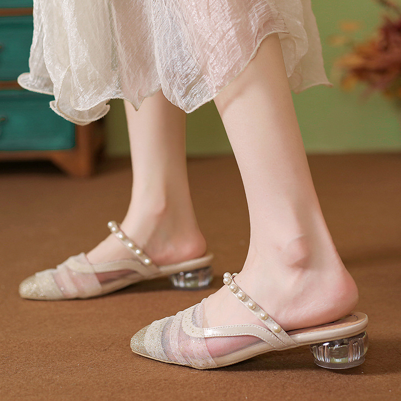 Pearl bag head half slippers for women in summer sandals thick heel French gentle mules for women