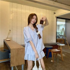 Real shot~ Design-sensual niche strap short-sleeved shirt for women in summer meat-covered skirt top two-piece set