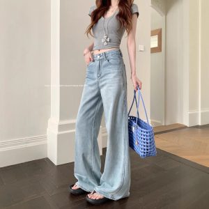 Real shot of summer high-waisted slim spliced denim girls high-waisted loose wide-leg trousers