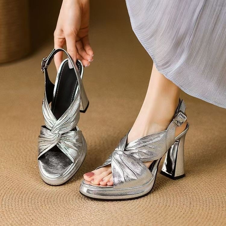 Super high heel sandals for women in summer soft leather pointed toe waterproof platform thick heel silver fish mouth catwalk high heel shoes