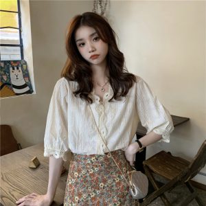 Real photo of summer neck loose retro lace shirt top + high waist slim floral skirt