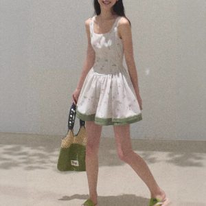 / "Picnic Note" Tencel Linen Spring Texture Relaxation Print Slim Pure Vest Dress