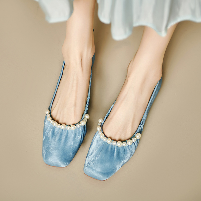 Wanziwei is super soft~~Sweet pearl flat ballet single shoes for women's new Chinese style soft sole beanie shoes