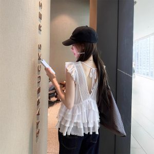 Real photo of pure white ruffled lace shirt for women's summer design niche slim fit slim top