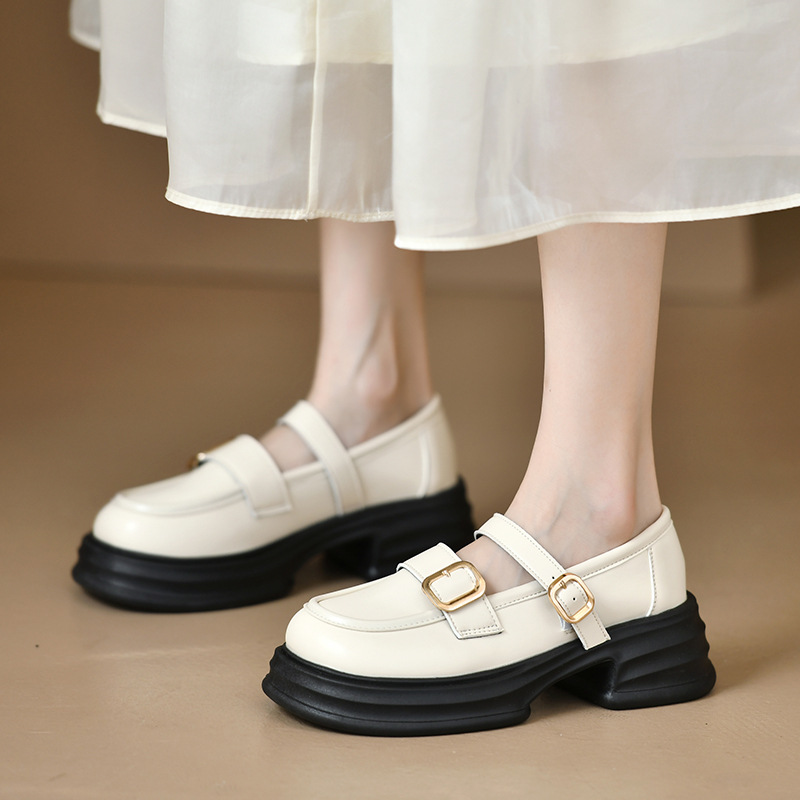 Mary Zhen small leather shoes for women in the spring next season, fashionable simple super fairy style thick sole height-enhancing single shoes